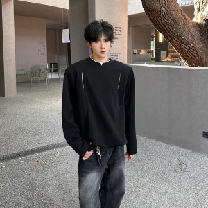 C75 重磅垫肩设计感小众长袖T恤男秋季韩版假两件卫衣男 P48 黑图片