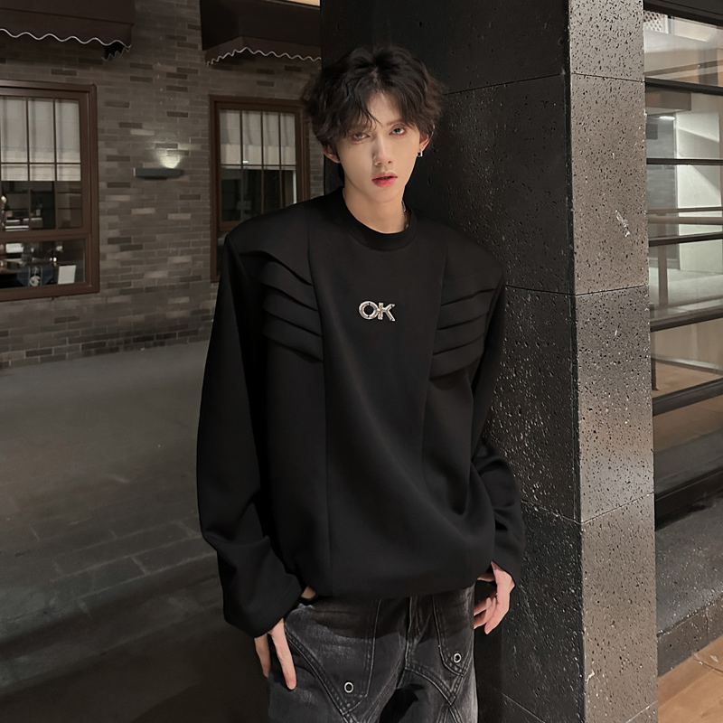 C15新款垫肩设计感小众长袖T恤男秋季韩版宽松卫衣男P58黑色，男装T恤，星座404A