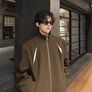 JK22 短款解构小众外套男垫肩撞色立领夹克韩版外套 P98 驼色图片