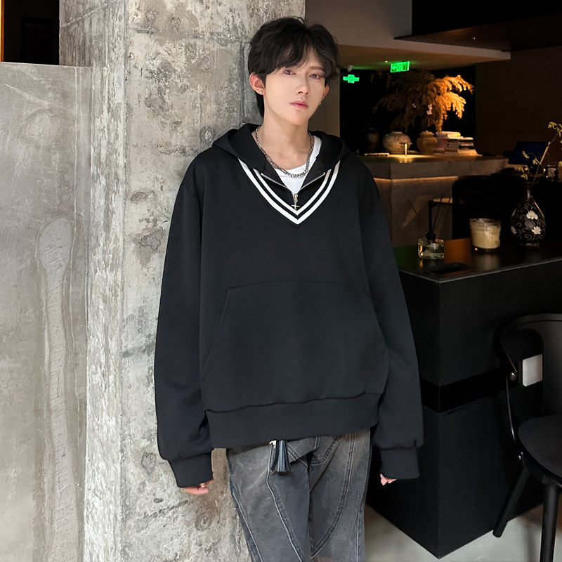 JK04假两件V领卫衣男潮流宽松连帽卫衣男P78灰,男装卫衣,星座404A