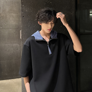 T78 重磅短袖假两件连帽小众设计师款韩版潮流T男 P48 黑色,男装T恤,星座404A