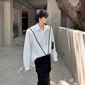 CS01 垫肩解构设计款衬衫小众韩系潮流衬衣男长袖衬衫 P65 黑图片