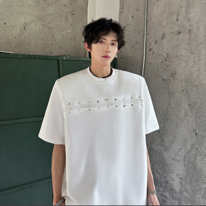 T95 新款重磅小众垫肩设计款T恤夏季青少年金属半袖男 P48 白色，男装T恤，星座404A