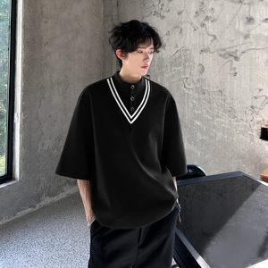 T93 重磅小众贵族T恤夏韩版宽松韩版撞色半袖男 P48 黑色图片
