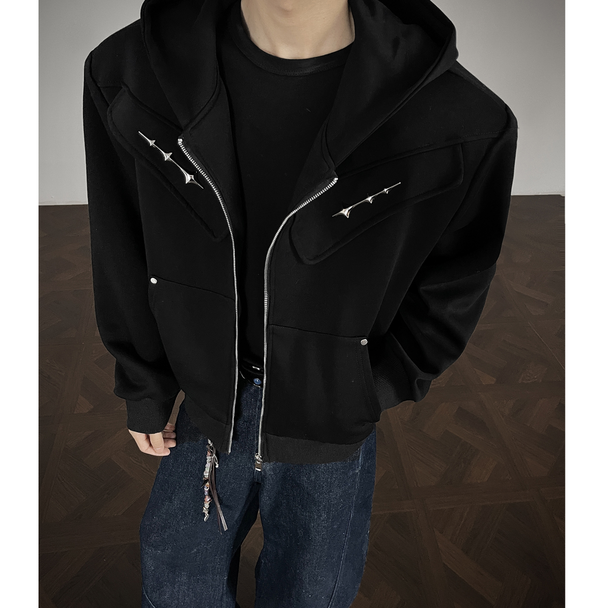 JK03重磅垫肩小众解构潮流开衫外套宽松连帽卫衣男P88黑色,女装短外套,星座404A JK03重磅垫肩小众解构潮流开衫外套宽松连帽卫衣男P88黑色,女装短外套,星座404A