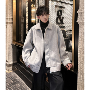 JK32 新款加厚皮毛一体外套男款潮牌毛呢高品质棉衣男P148 浅灰，男装棉衣，星座404A