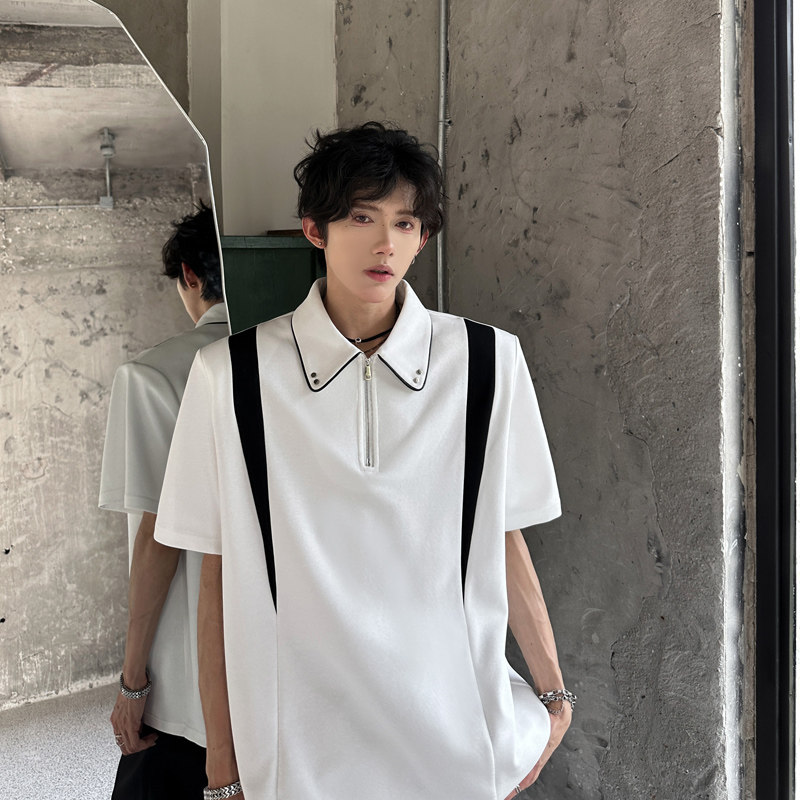 T92重磅小众设计感短袖polo计师款韩版潮流翻领半袖T男P58白色,男装T恤,星座404A