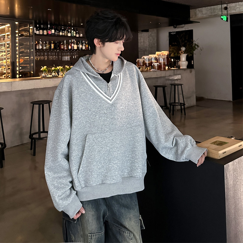 JK04假两件V领卫衣男潮流宽松连帽卫衣男P78灰色,男装卫衣,星座404A