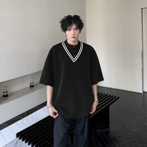 T93 重磅小众贵族T恤夏韩版宽松韩版撞色半袖男 P48 黑色图片