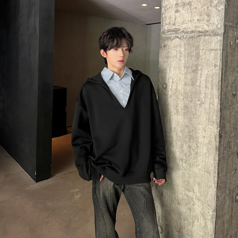 JK06假两件V领卫衣男衬衫领潮流宽松连帽卫衣男P68,男装衬衫,星座404A