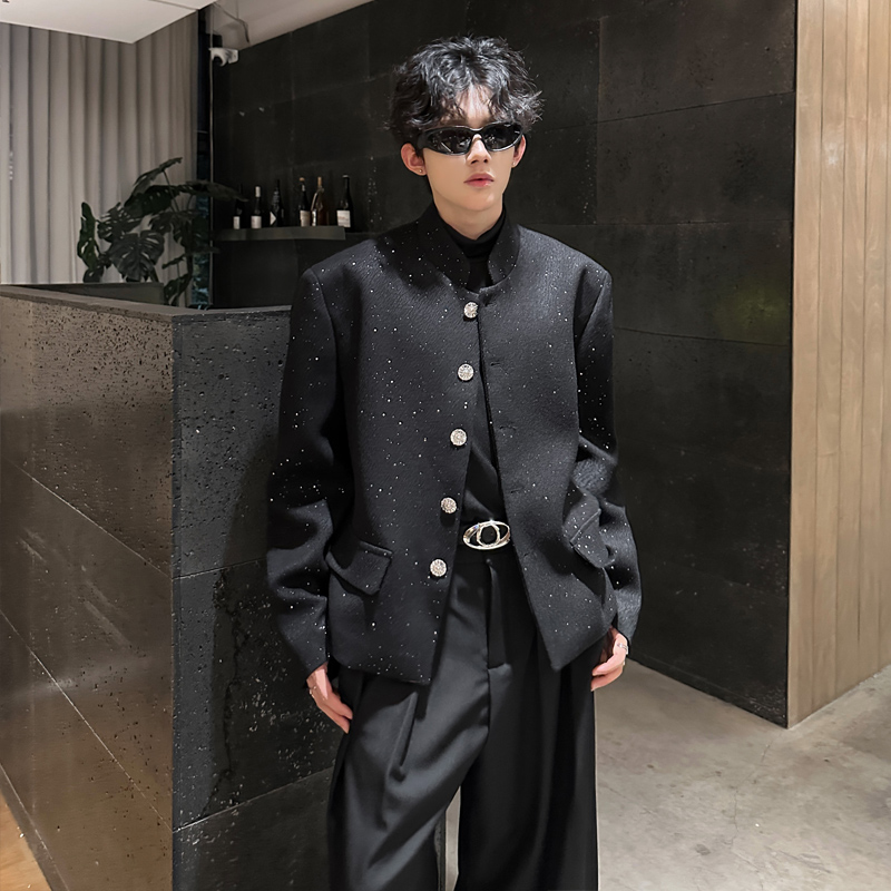 JK07新款小众垫肩立领外套韩版短款呢料外套男P118黑色，女装短外套，星座404A