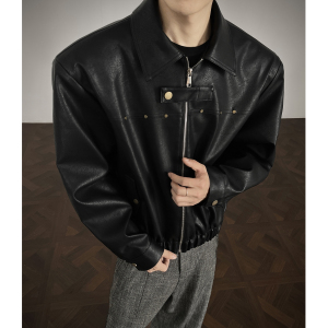 JK15 新款短款解构小众外套男垫肩金属夹克皮衣韩版外套 P118黑，男装夹克，星座404A