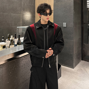 JK01 短款解构小众外套男垫肩撞色夹克韩版宽松男装 P98 黑色图片