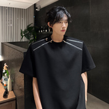 T77重磅垫肩多拉链设计T恤男夏季韩版宽松半袖上衣男P48黑色，商品下架区，星座404A