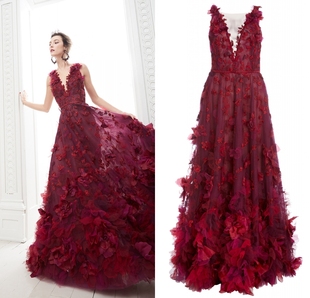 Marchesa红色立体花朵裙深V蕾丝钉珠新娘敬酒服主持颁奖晚装 礼服