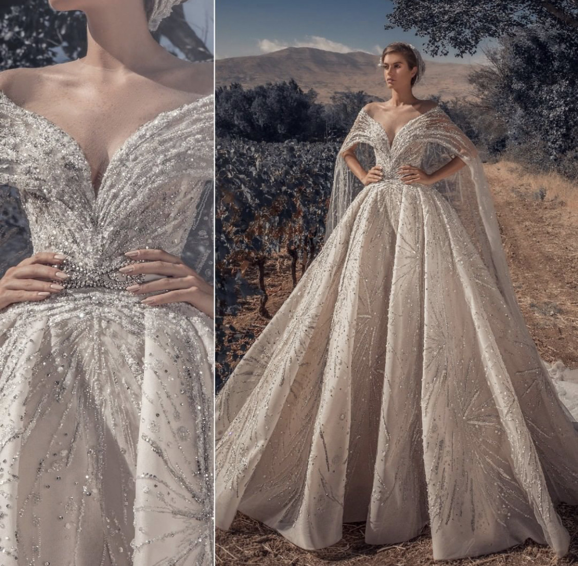新款奢华钉珠宫廷风新娘仪式主婚纱V领长披肩遮手臂长拖尾定制