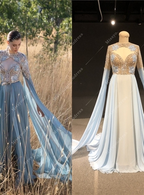 ElieSaab新款仙仙蓝色长袖精致缝珠宴会舞台走秀演出红毯晚礼服