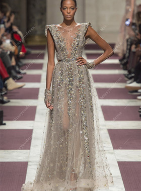 2120新款灰色深V奢华珠绣晚礼服年会酒会生日会红毯走秀颁奖礼服