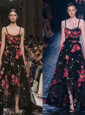 Marchesa新款黑色吊带裙仙仙花朵钉珠装饰生日会晚礼服毕业舞会