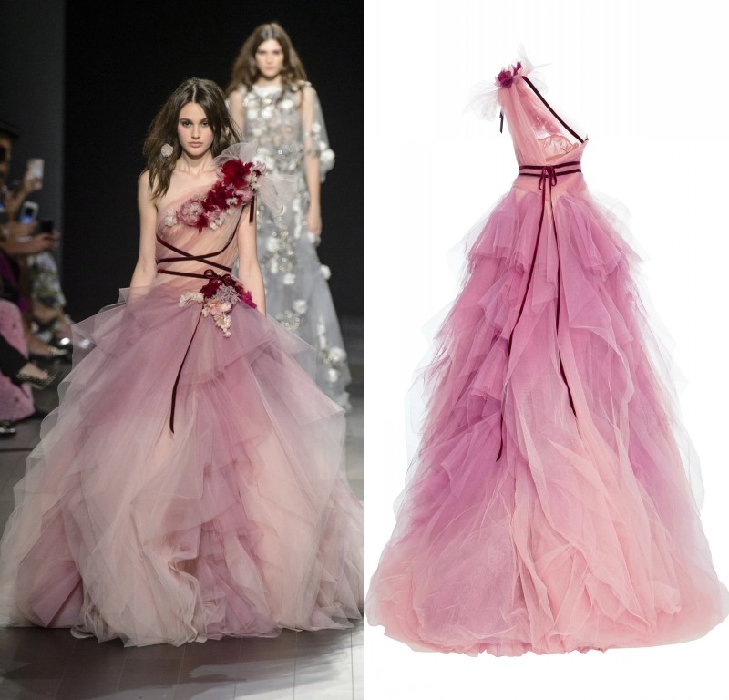 marchesa仙仙粉色渐变斜肩时尚走秀演出服户外旅拍婚纱照森系礼服