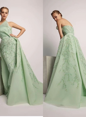 时尚高档浅绿色精致钉珠名媛晚宴舞台走秀大型演出比赛新娘晚礼服