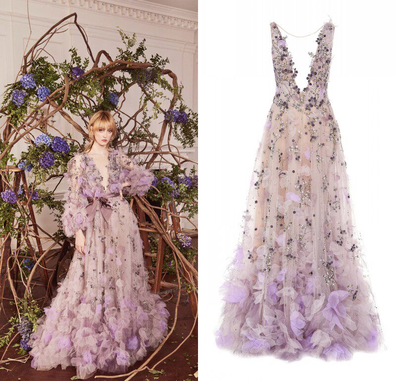 marchesa高端淡紫色花朵披肩深v礼服新娘旅拍敬酒生日宴会晚礼服