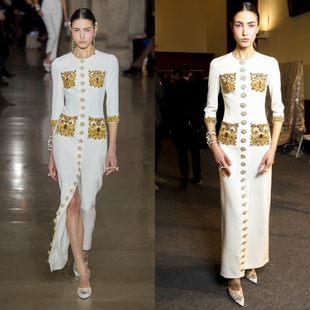 晚装 气质正式 金色奢华钉珠年会生日派对晚礼服敬酒 米白色修身 新款