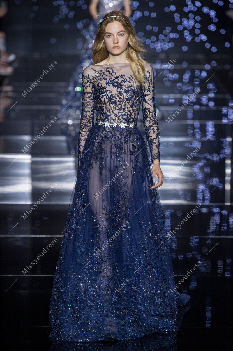 高端新款星空深蓝色长袖气质宴会晚礼服修身显瘦新娘结婚敬酒服