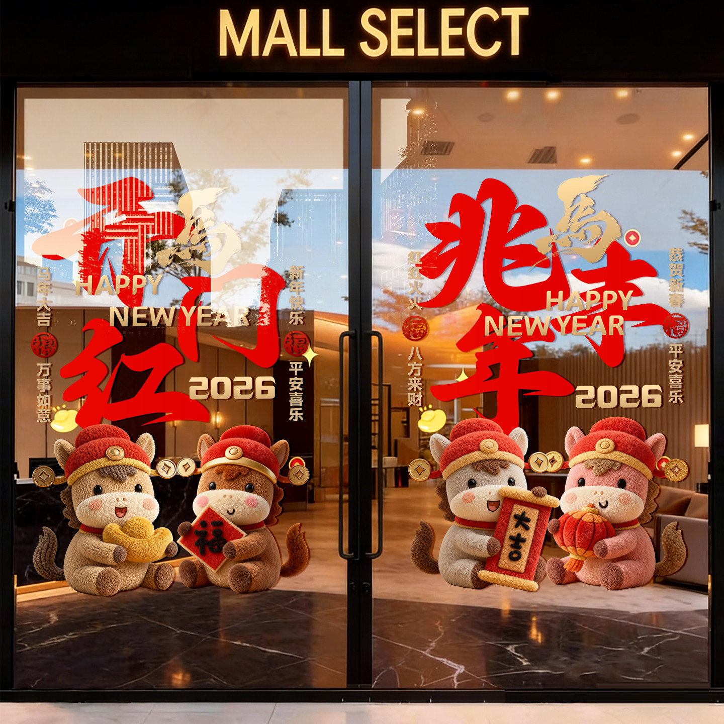 马年银行开门红气氛布置玻璃门贴纸2026元旦新年装饰静电贴橱窗贴,家居饰品,软装墙贴,淘宝优惠券,粉丝福利购,淘宝优惠卷