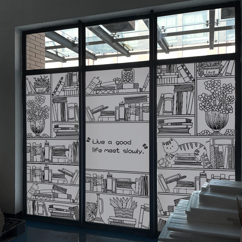 书店全遮光玻璃贴纸阅读图书馆防晒窗户贴膜创意书架磨砂纸隔热膜