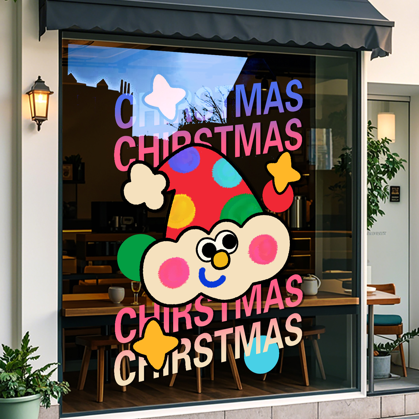 圣诞节装饰品彩色圣诞帽玻璃门贴纸店铺商场橱窗酒店氛围布置贴画图片
