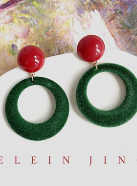手作秋冬复古港风红绿撞色植绒圆圈耳环蚊香盘耳夹女无耳洞耳饰