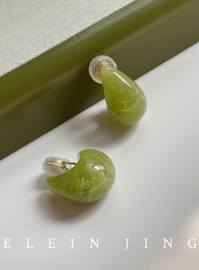 手作清新复古港风绿色晕染树脂水滴耳环女蚊香盘耳夹无耳洞耳饰
