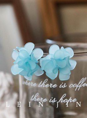 蓝色贝壳花~甜美夸张森系立体花朵花瓣纯银耳钉蚊香盘耳夹无耳洞