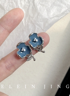 可爱蓝色滴油花朵小鸟蚊香盘耳夹无耳洞清新甜美气质高级感耳饰