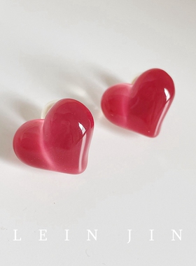 可爱甜美果冻粉爱心纯银耳钉蚊香盘耳夹女无耳洞树脂减龄纯欲耳饰