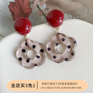 3免1 日韓ins風(fēng)酒紅波點(diǎn)樹脂花朵純銀耳釘無痛無耳洞蚊香盤耳夾女