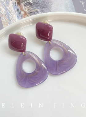 手作港风复古紫色晕染几何纯银耳环温柔蚊香盘耳夹女无耳洞耳饰