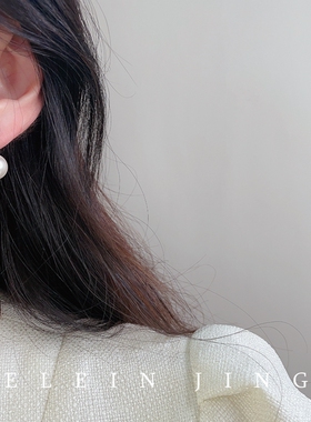 灰白色简约日常通勤施家珍珠锆石耳环气质耳饰蚊香盘耳夹无耳洞