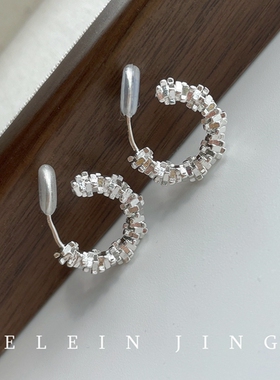 高级感冷淡风超闪碎银C形耳圈耳环纯银耳钉蚊香盘耳夹女无耳洞