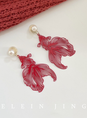 手作新年红色锦鲤珍珠耳坠蚊香盘耳夹女小众设计感无耳洞耳饰喜庆