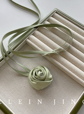 手作超仙抹茶绿缎面玫瑰花朵颈链项链choker女项圈腰链腕花拍照