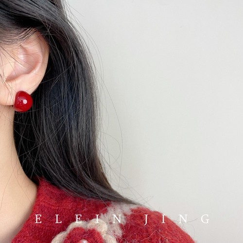 新年氛围感酒红球形耳钉