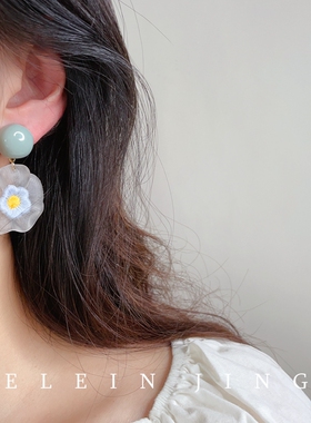 温柔蓝色树脂花朵纯银耳环无耳洞蚊香盘耳夹女可爱清新夸张耳饰