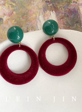 手作秋冬复古港风撞色植绒红色圆圈耳环蚊香盘耳夹女无耳洞耳饰