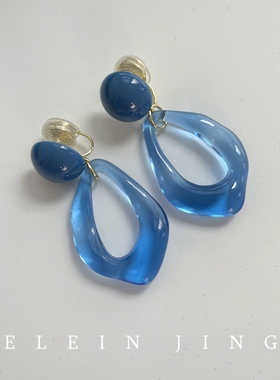 原创手作蓝色显白水滴耳环蚊香盘耳夹女无耳洞气质港风耳饰拍照