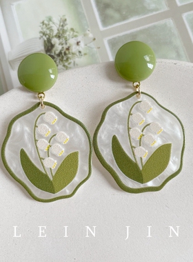 港风绿色印花铃兰花朵耳环蚊香盘耳夹女无耳洞夸张树脂纯银耳饰