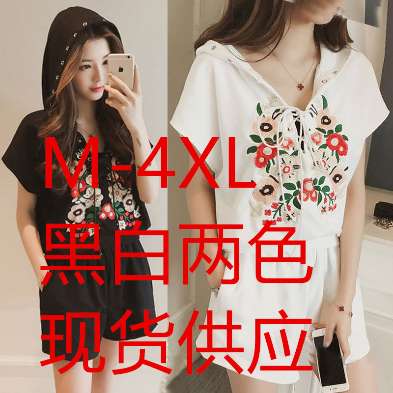 Summer new Korean loose shorts short sleeve sports suit women embroidered Top Shorts summer two piece set