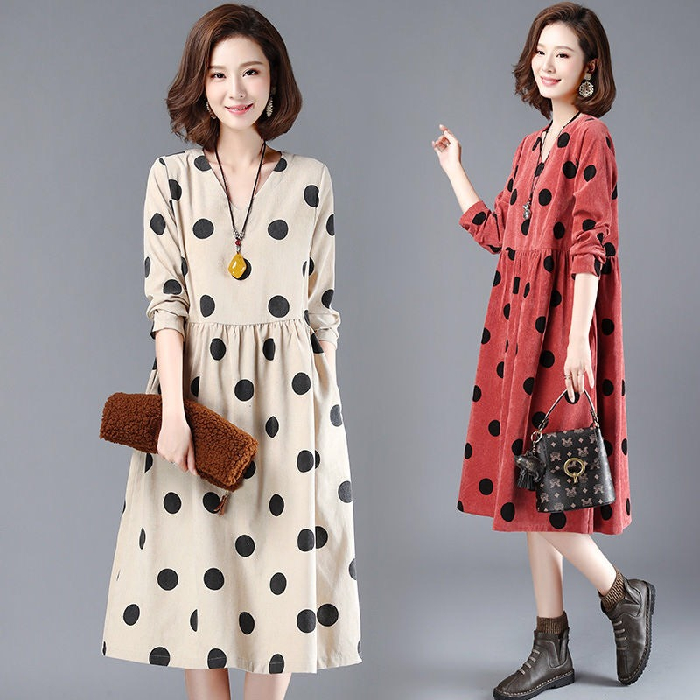 New wave point medium length dress women's autumn dress Korean collar long sleeve large casual dress