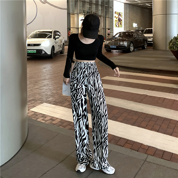 Wide leg pants women's high waist loose thin straight tube zebra pattern Hong Kong Style super fire draping pants summer new